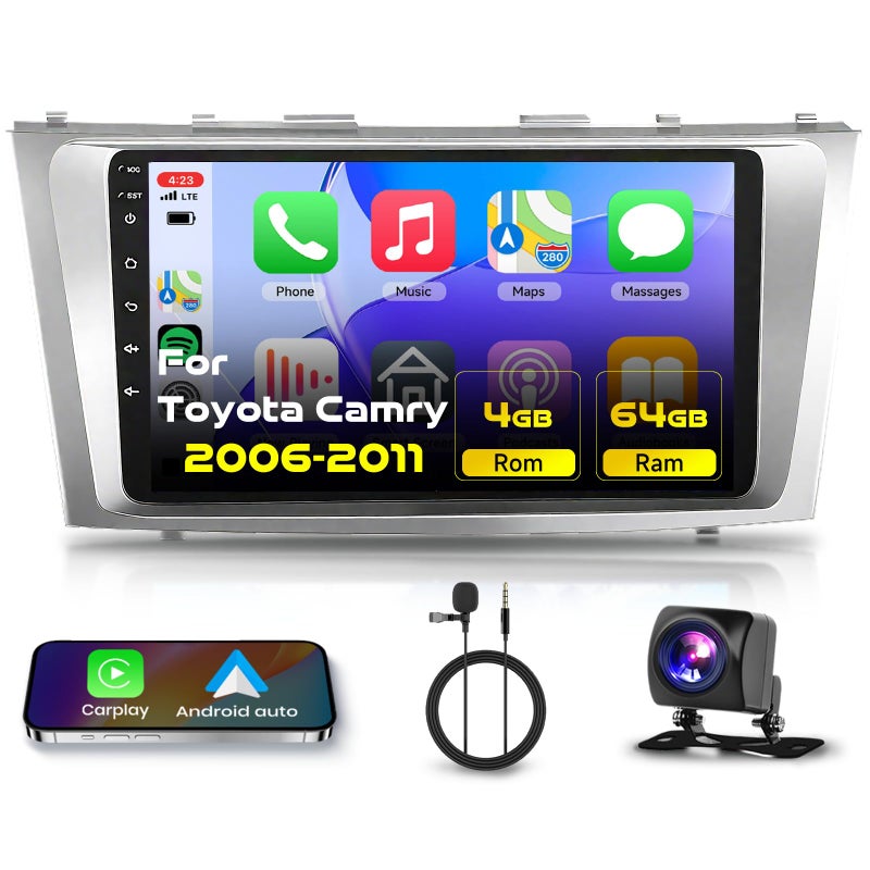 Podofo for Toyota Camry 2006 2007 2008 2009 2010 2011 Android Car Stereo 9 Inch HD Touch Screen Car Radio with Wireless CarPlay Android Auto, WiFi, GPS Navigation, BT, FM Radio, USB, Rear Camera 4G+64G - Image 1